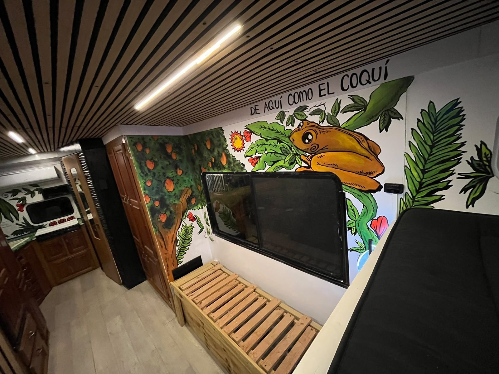Mural del coquí sobre el banco artesanal de madera